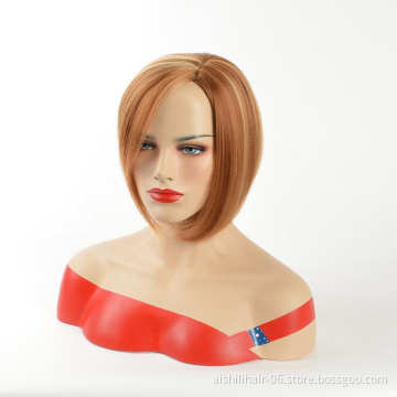 Wholesale Synthetic wigs Silky straight short mixed color brown and gold hair synthetic hair wigs for women